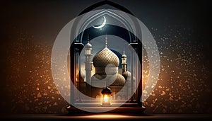 Eid-al fitr background of window with mosque photo