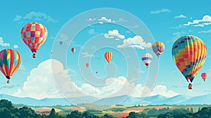 vibrant colorful hot air balloon festival, where balloons of all shapes and sizes ascend into the clear blue sky.