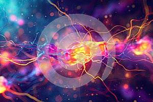 A vibrant and colorful illustration of neurotransmitters firing in the brain, representing chemical processes