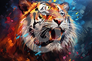 vibrant and colorful illustration portrait of tiger growls digital oil painting style