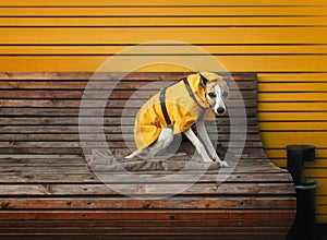 Vibrant colorful outdoor setting with bright yellow wooden wall, brown bench and cute whippet dog.