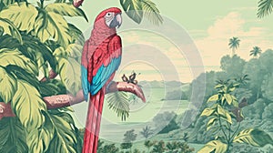 Red Parrot Perched On Palm Tree In Tropical Rainforest Illustration