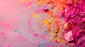 Vibrant colorful piles of pink, and orange pigment powders on pink background at the right side of image. Suitable for Holi