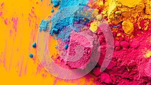Vibrant colorful piles of red, blue and yellow pigment powders on yellow background at the right side of image. Suitable for Holi