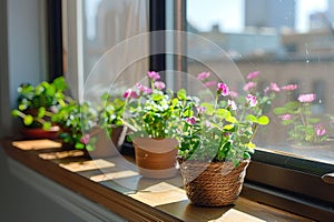 Vibrant and colorful potted plants beautifully arranged on a sunlit windowsill