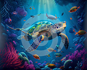 Vibrant colorful psychedelic green sea turtle underwater swimming