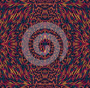 Vibrant colorful psychedelic trippy mandala, bright gradient outline, isolated black background.