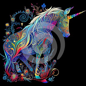 Vibrant colorful psychedelic unicorn artistic colors on black background