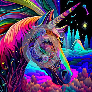 Vibrant colorful psychedelic unicorn artistic colors on black background