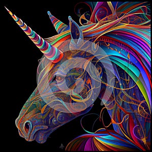 Vibrant colorful psychedelic unicorn artistic colors on black background