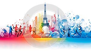 vibrant and colorful representation of the Olympic spirit set against the backdrop of the iconic Eiffel Tower in Paris