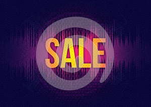 A vibrant colorful sale design logo on a blue background with speaker and wave sound elements with a distressed halftone effect