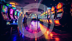 Vibrant and colorful slot machine with spinning reels and rolling drums in a lively casino setting