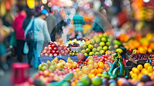 The vibrant colors and bustling activity of the marketplace are softened by the defocused background giving a dreamlike photo