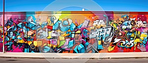 Vibrant colors come alive in this street art mural, expressing the artists creativity through a mix of text and graffiti