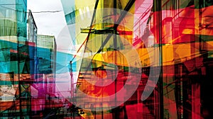 Vibrant colors and distorted shapes creating a sense of movement and instability in the urban environmen photo