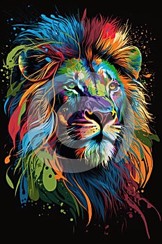 Vibrant colors lion head, painting portrait artwork style over black background