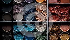 Vibrant colors in a multi colored eyeshadow palette for glamorous looks generated by AI