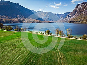 Vibrant colors of nature at Bohijn lake in Slovenia, drone view from above