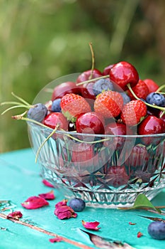 Vibrant colors of summer berries on a garden table. Blurry green background with copy pace.