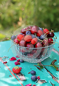 Vibrant colors of summer berries on a garden table. Blurry green background with copy pace.