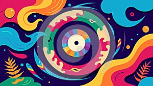 Vibrant colors and swirling patterns adorn a record sleeve hinting at a fantastical world waiting to be discovered photo