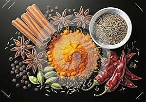 Vibrant colors and textures of the spices, emphasizing their use in