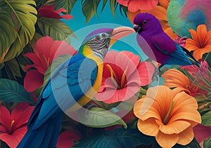 vibrant colors of tropical rainforests with colourful birds and flowers