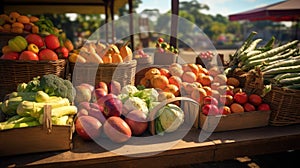 the vibrant colors and variety of fresh produce at a bustling farmers' market. stalls overflowing with apples