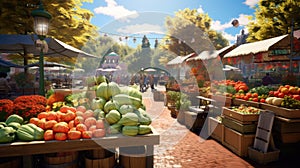 the vibrant colors and variety of fresh produce at a bustling farmers' market. stalls overflowing with apples