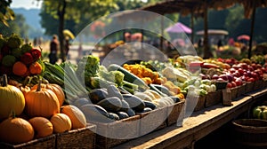 the vibrant colors and variety of fresh produce at a bustling farmers' market. stalls overflowing with apples