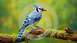 Vibrant Colorscape: Majestic Blue Jay Perched On Mossy Branch photo