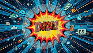 Comic Pop Art DAMY! Burst with Digital Data Stream Background