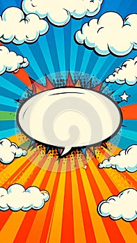 Vibrant comic pop art speech bubble with explosion effect, radial sunburst background, and cartoon clouds
