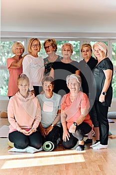 A vibrant community of senior women, guided by their instructor, embraces the enriching journey of yoga, fostering unity