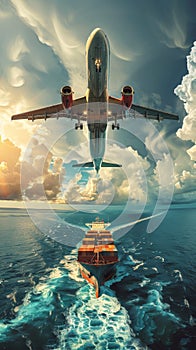 Vibrant composite image displaying air, land, and sea travel featuring an airplane, cargo ship, and train