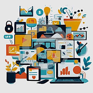 Vibrant Composition of Digital Marketing Tools, Data Visualization, Analytics, Business Growth Strategies, and Creative