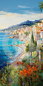 Vibrant Composition: Ocean And Houses In Cinquecento Style