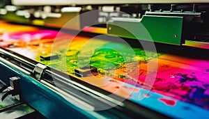 Vibrant computer chip manufacturing equipment in modern electronics industry workshop generated by AI