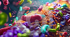 Vibrant conceptual image of gut flora with beneficial bacteria in the human intestine