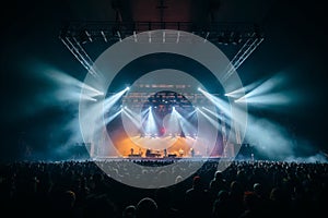 Vibrant concert stage with colorful lights and blurred bokeh crowd in spectacular performance