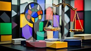 Abstract Scales of Justice Impartiality Emblem with Case Files and a Neutral Background photo