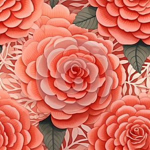 Vibrant Coral Camellias in Full Bloom, Artistic Seamless Floral Pattern Design