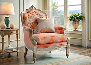 Coastal Elegance An Ornate Coral Accent Chair for a Sophisticated Sunny Home Decor photo