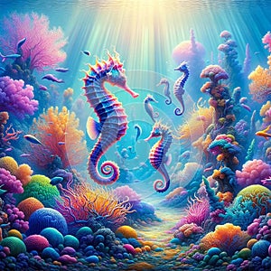 Vibrant Coral Reef Haven with Seahorses