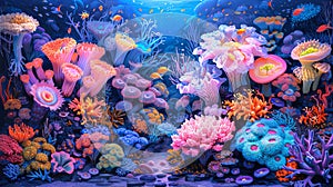Vibrant coral reef in ocean waters. Art. Colorful corals. Concept of marine life, underwater biodiversity, tropical