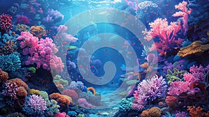 Vibrant coral reef in ocean waters. Artwork. Colorful corals. Concept of marine life, underwater biodiversity, tropical