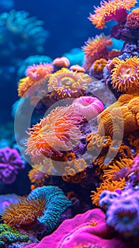Vibrant coral reef in ocean waters. Concept of marine life, underwater biodiversity, tropical ecosystem, and natural