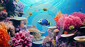 A vibrant coral reef teeming with colorful marine life beneath the ocean\'s surface