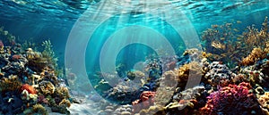 The vibrant coral reef teeming with life and sunlight filtering through water. AI generated image
